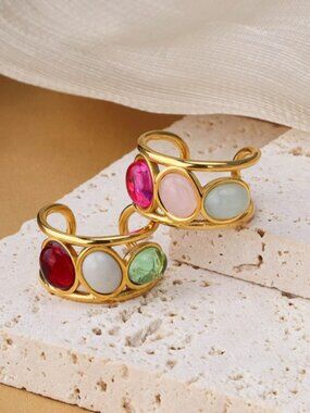 Women’s Vintage Open Ring 18K Gold Plated Stainless Steel Colorful Stone Jewelry